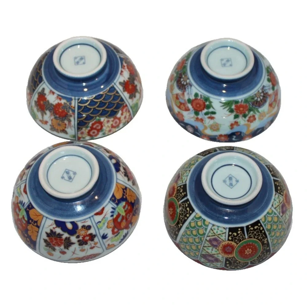 4 Arita Japanese porcelain rice soup bowls footed signed 4 different designs set